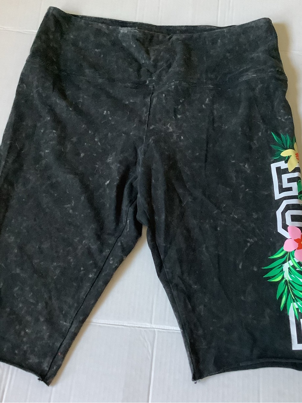 PINK Victoria's Secret Black Acid Wash Tropical Floral Logo Bike Shorts XL
